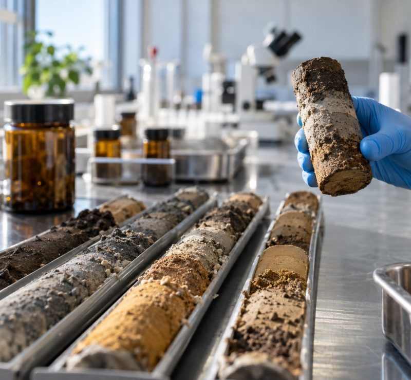 Carottes de sol en laboratoire lors d'une caractérisation environnementale