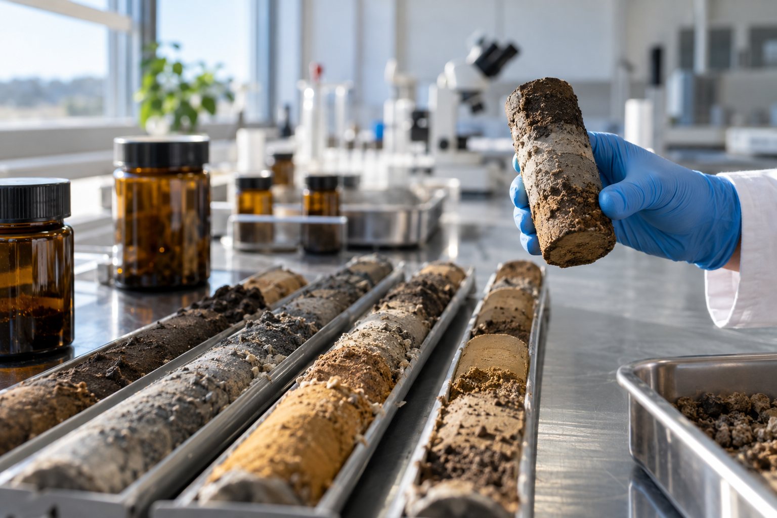 Carottes de sol en laboratoire lors d'une caractérisation environnementale